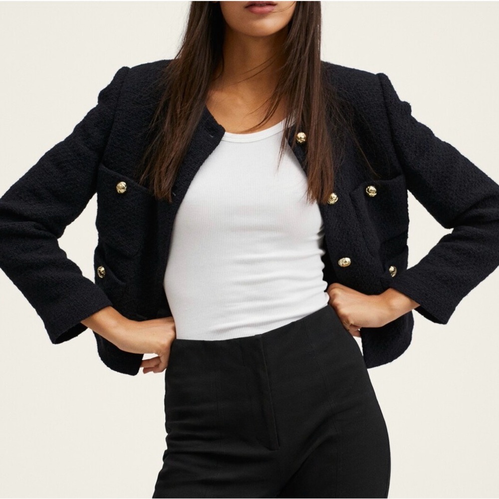 Mango Black Tweed Blazer with Gold Buttons